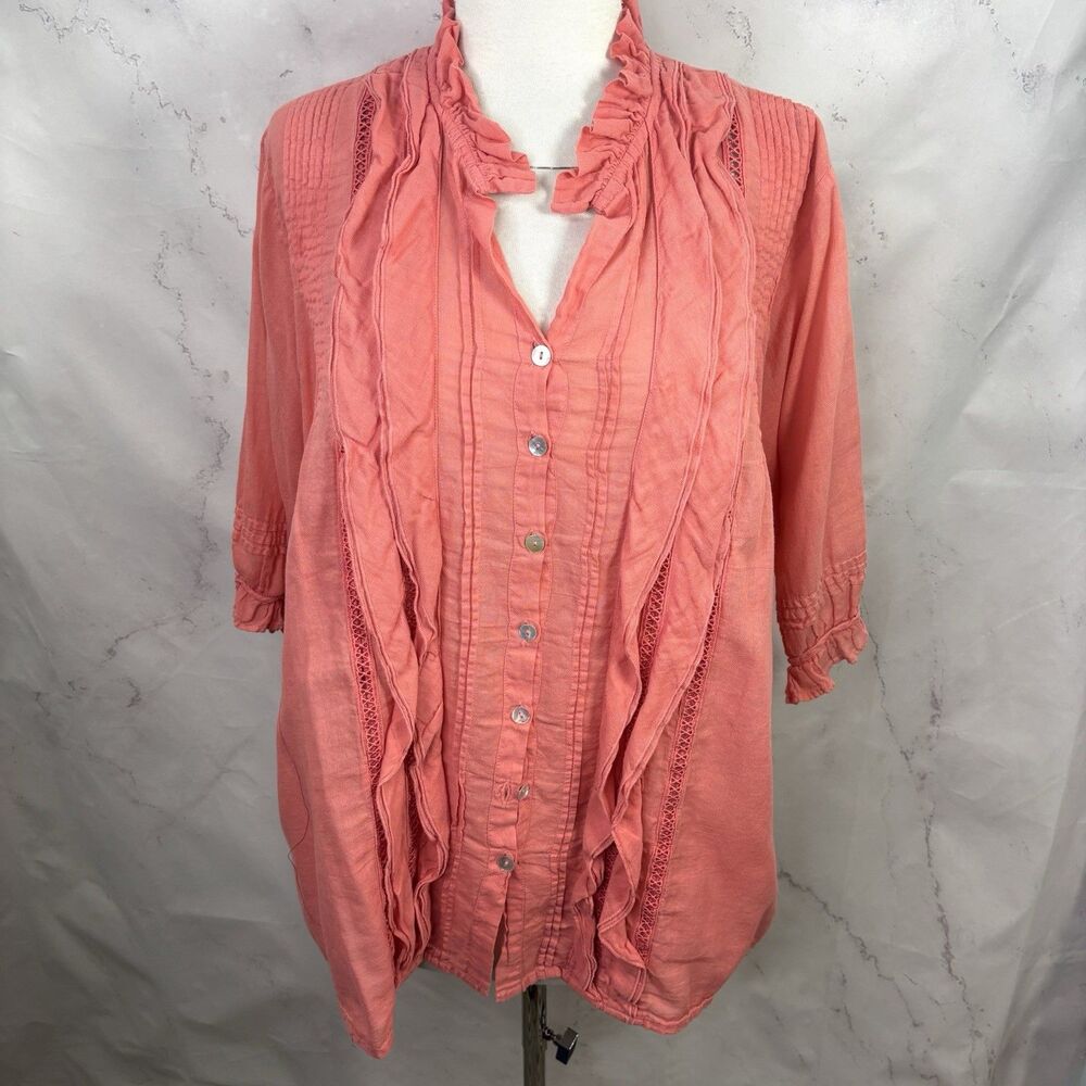 JP & Mattie Prairie Romantic Blouse Top Pink Gauze Cotton Ruffle Trim M Button